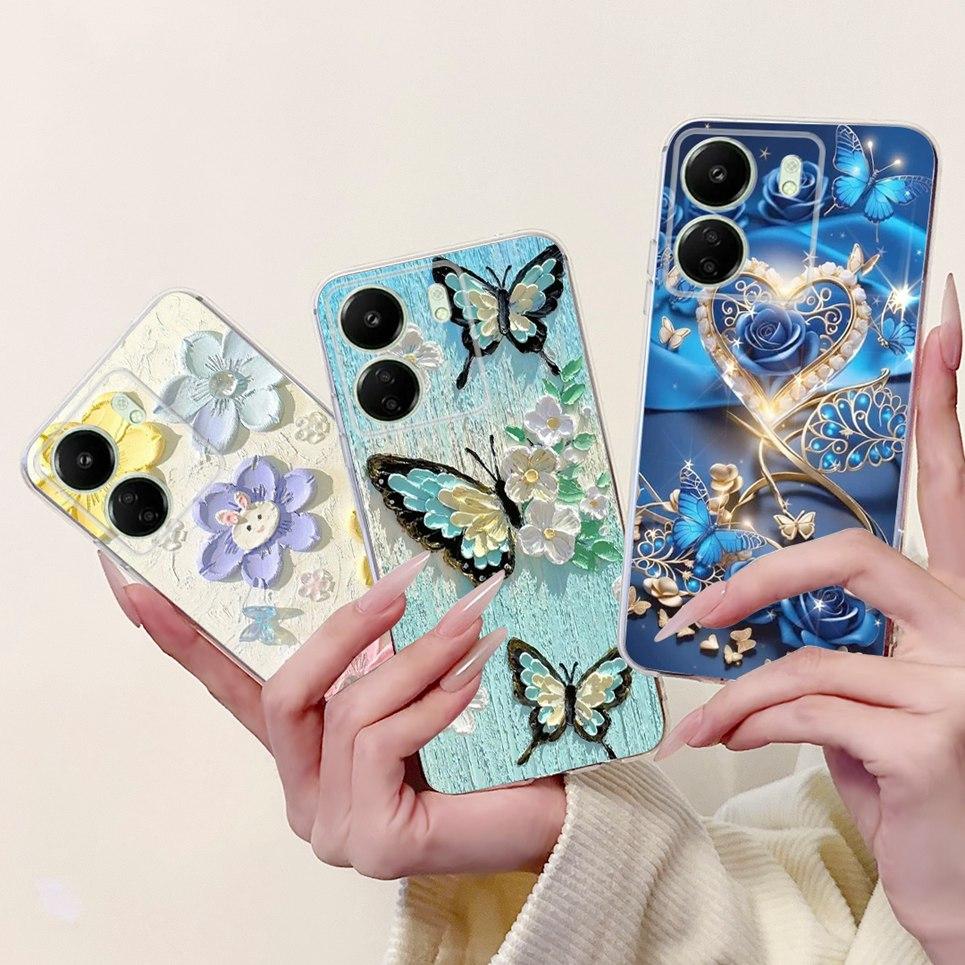 For Xiaomi Redmi 13C 5G 4G  Back Bumper Redmi 13 4G Colorful Butterfly Flower Painting Phone Case Transparent Soft TPU Silicone