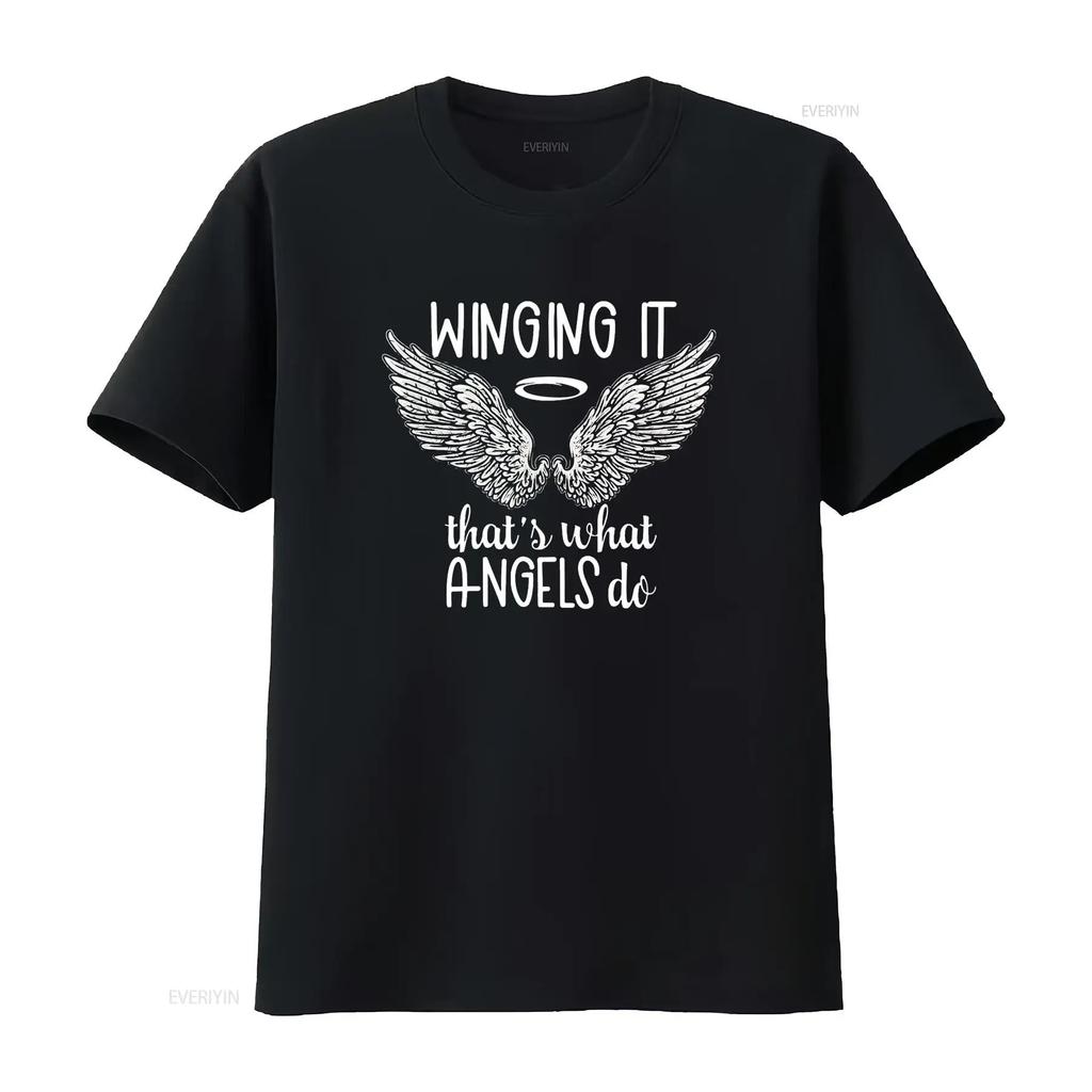 Womens Angel Wings Winging It Thats What Angels Do Spiritual Quote T Shirt Black Vintage Washed Slightly Homme Stretched