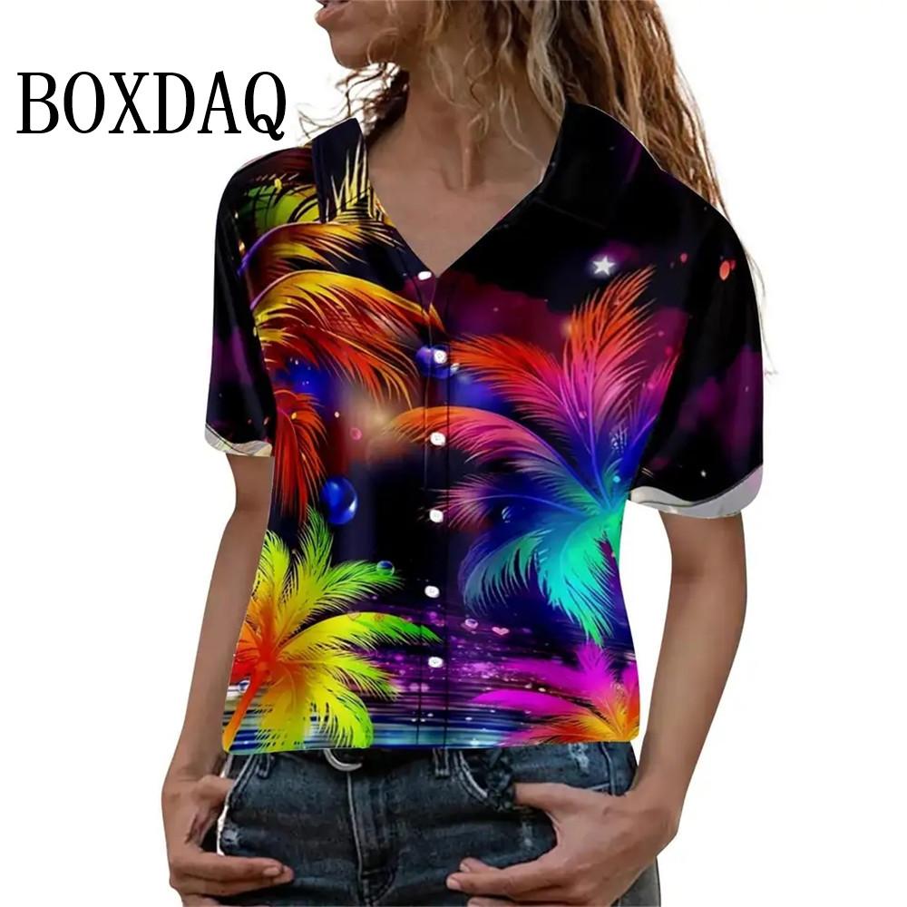 

Summer Fashion Women s Blouse Artistic Hawaiian Palm Tree Print Short Sleeve Lapel Casual Button Shirt Tops Women Hawaiian Shirt M