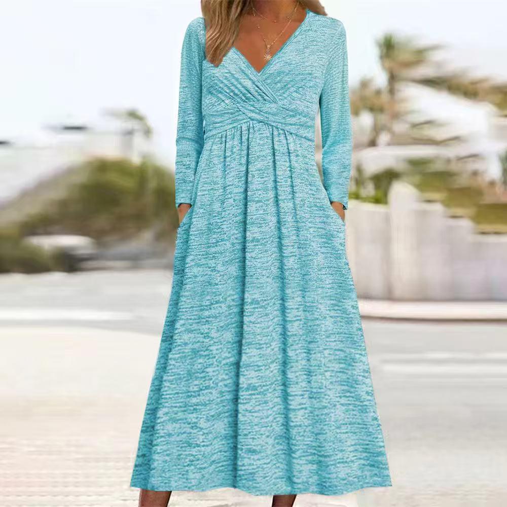 2025 European-American Long Sleeve Printed Maxi Dress with Pockets - Autumn/Winter Collection