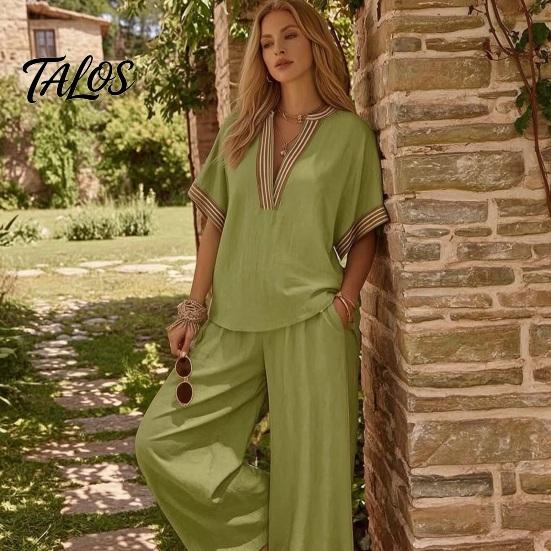 Muskelversteckende Hosen Color Block 2-teilige Sets für Damen, Kurzarm V-Ausschnitt Locker geschnittenes Hemd Damen Oberteil und Weite Hosen Passende Sets, Sommerurlaub