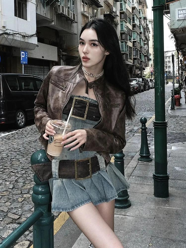 Vintage Y2k stroppeløs denimkjole Kvinner Sommer Bodycon Sexy koreansk mote Kpop belte Plissert minikjole 2000-tallet Streetwear