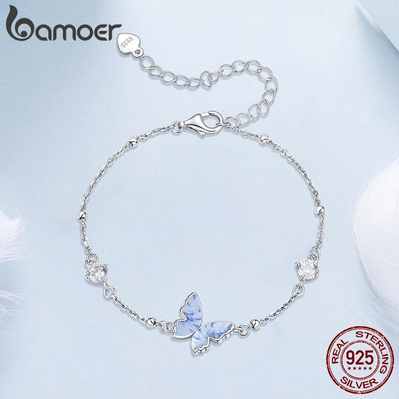Bamoer 925 Silver Butterfly Charm Bracelet Lightweight CZ Beads Link Chain for Women Teens Gift Natural Wrist Decor