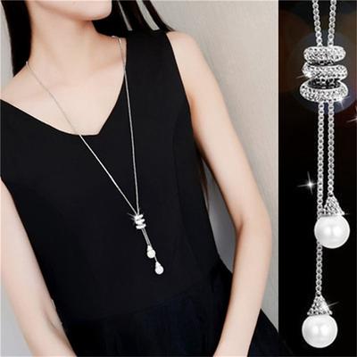 Fashion Women Spiral Rhinestone Pearl Necklace Sweater Chain