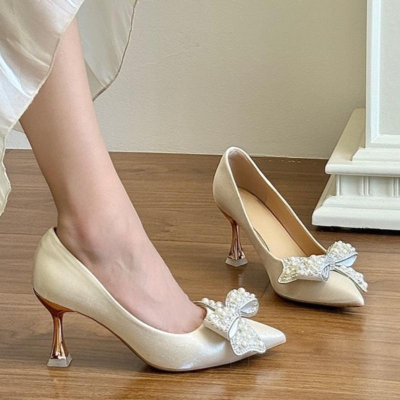 Fashion Pearl Rhinestone Bow Stiletto Single Shoes Autumn New Pointed Toe Shallow Mouth Slip-on Non-Slip Wear-Resistant High Heels