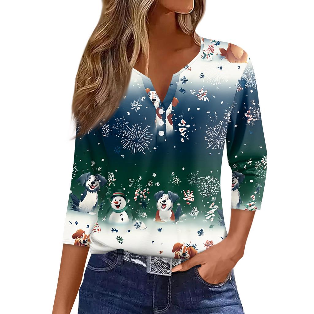 Women's T Shirt Tee Christmas Printed Button 3/4 Sleeve Tunic Daily Weekend Fashion Basic V- Neck Regular Top