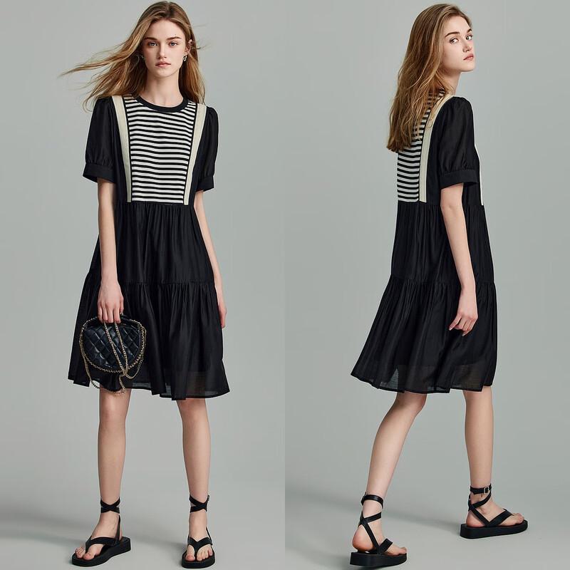 Demana Lyocell Blend Striped Pleated Puffy Summer Dress