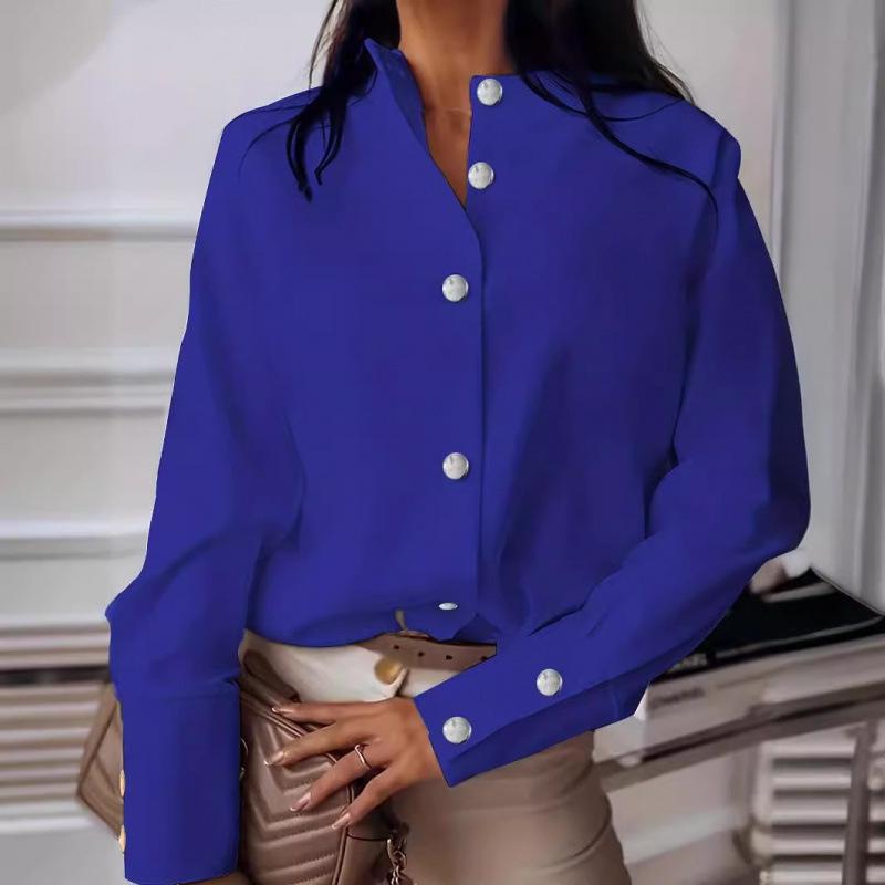 Women's Autumn Solid Color Metal Buckle Long-Sleeve Stand-Up Collar Shirt