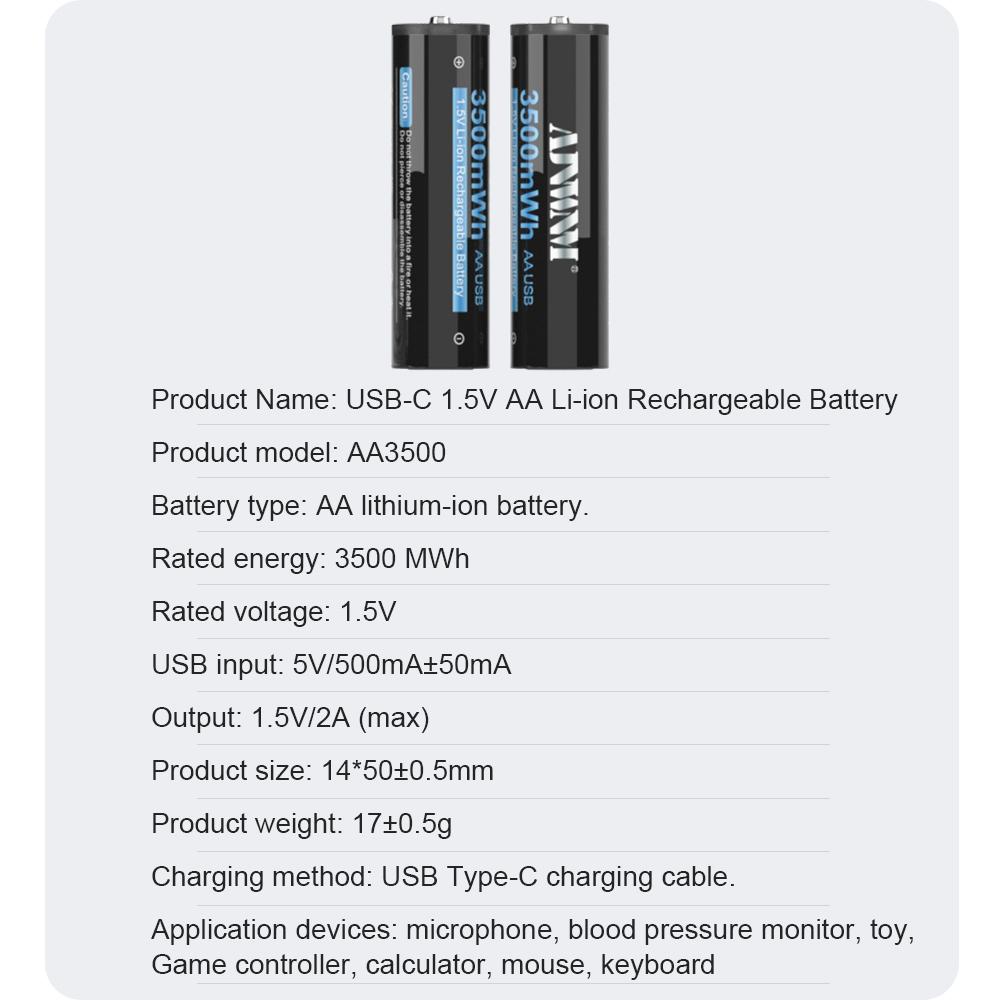 AJNWNM New 1.5V AA Li-ion Battery 3500mwh Li-Polymer USB Rechargeable Lithium USB Battery AA with USB Charging Function