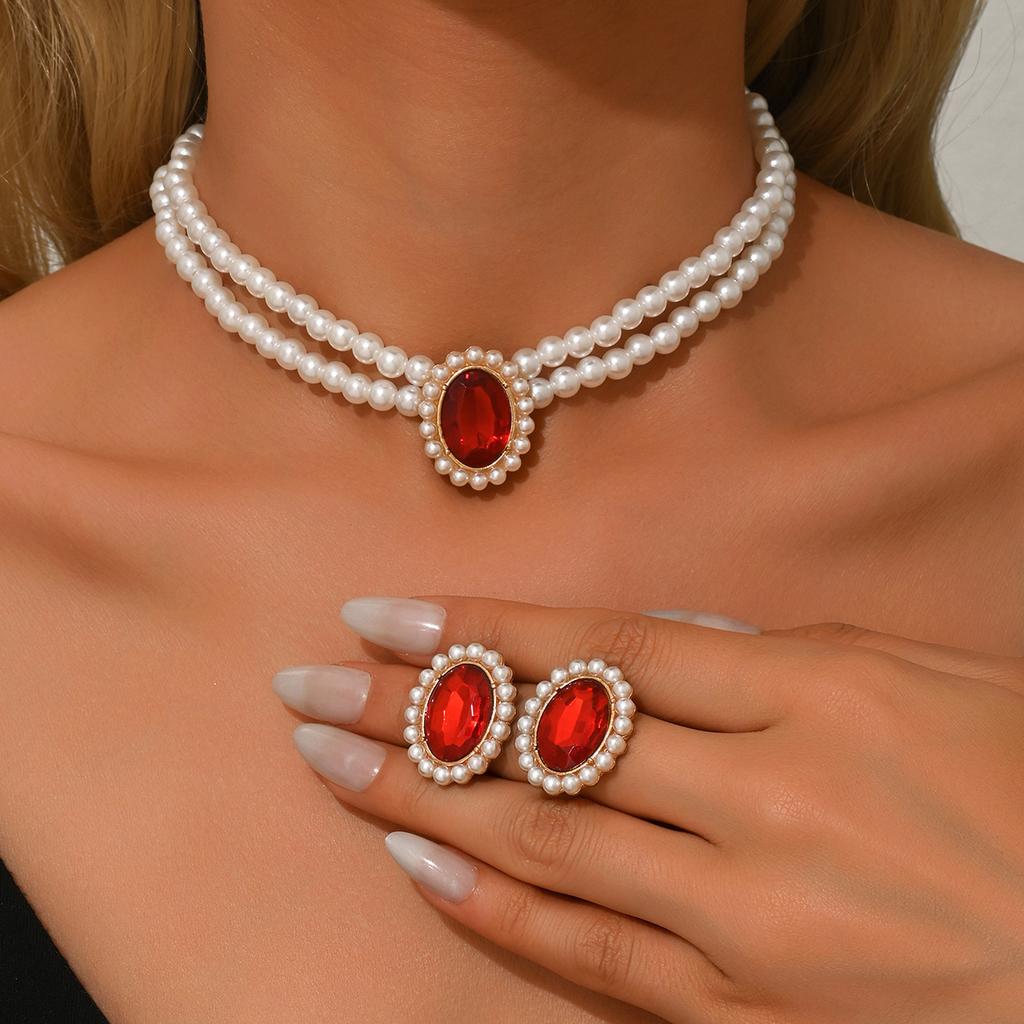 3PC Women's Fashion Imitation Pearl Geometric Set Necklace Earrings Zircon Set Lightly Designed Holiday Gift