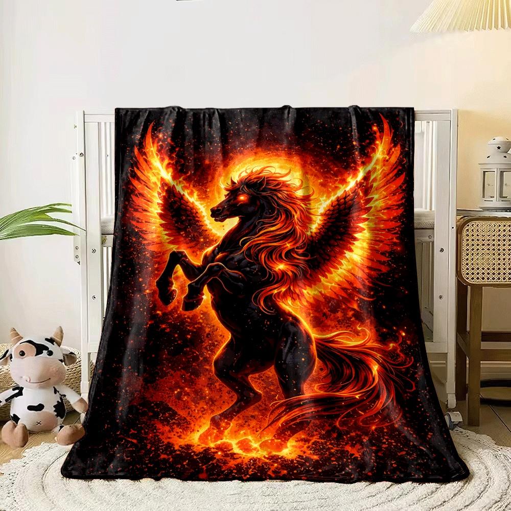 A fiery black-winged horse surrounded by flames and glowing embers. for all seasons blanket lunch break throw gift 80cm x 120cm