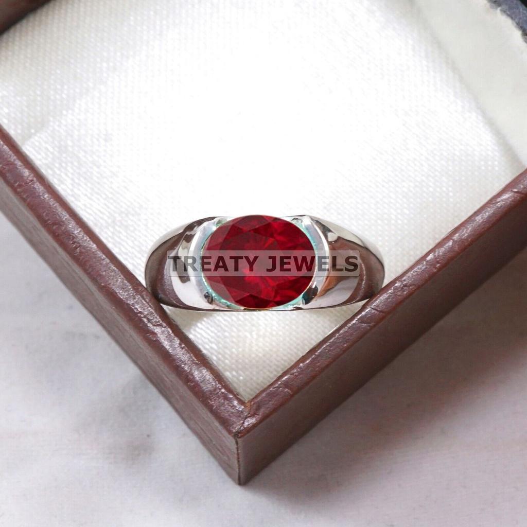 Ruby Oval Cut Gemstone With 925 Sterling Silver Ring For Men's #B545 JL375686404473
