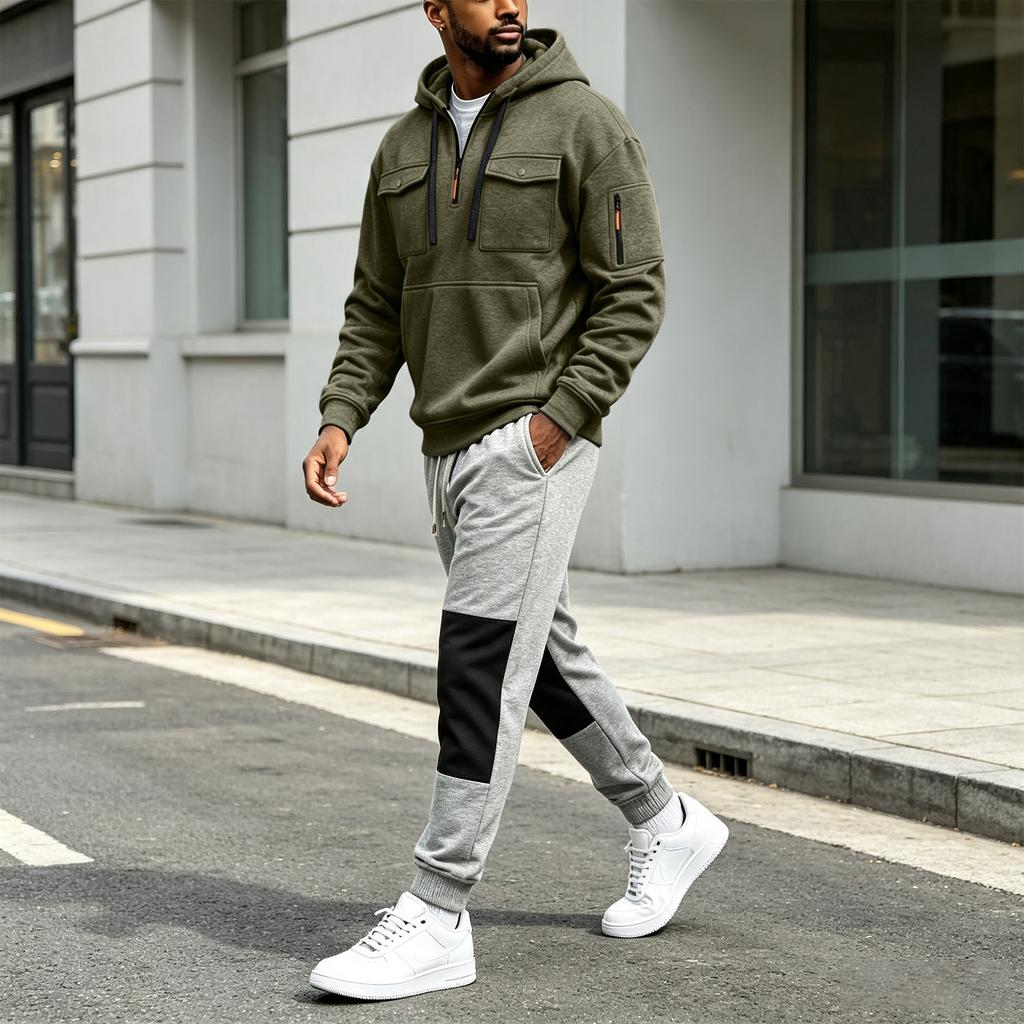 Men's Light Gray Multi-Pocket Zippered Hoodie and Pants Casual Track Suit