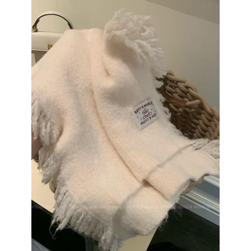 Blue Tassel Knitted Scarf for Women in Winter Korean Style Versatile High End Thickened Warm and Cold Protection Neck Scarf Shawl