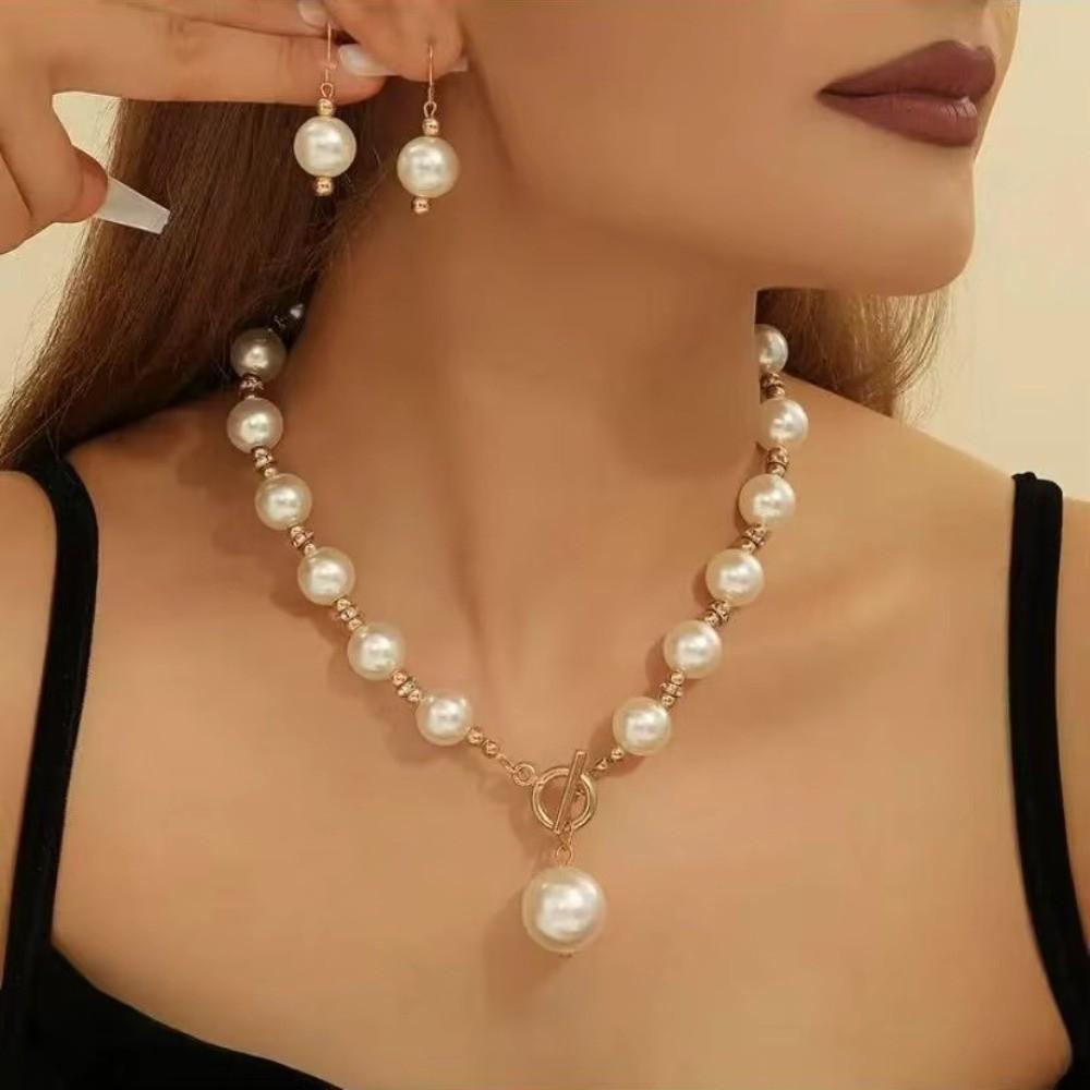 Zircon Pearl Necklace Beaded Earrings Necklace Set New Women's Pearl Jewelry  Anniversary