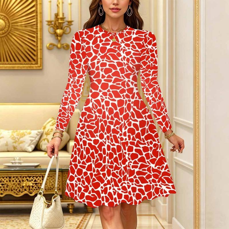 Women's Bohemian Casual Midi Dress Print Round Neck Long Sleeve A Line Loose Swing Dresses