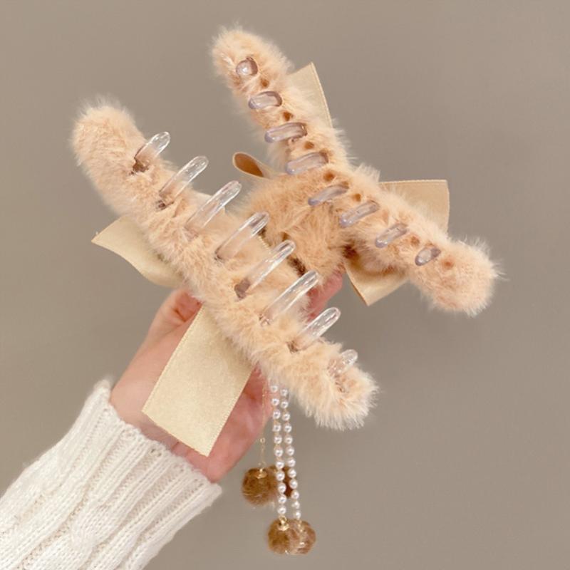 Plush Bow Tassel Grab Clip Furry Hairpin Female Back Head Hair Clip Shark Clip Autumn and Winter Hairpin Headdress