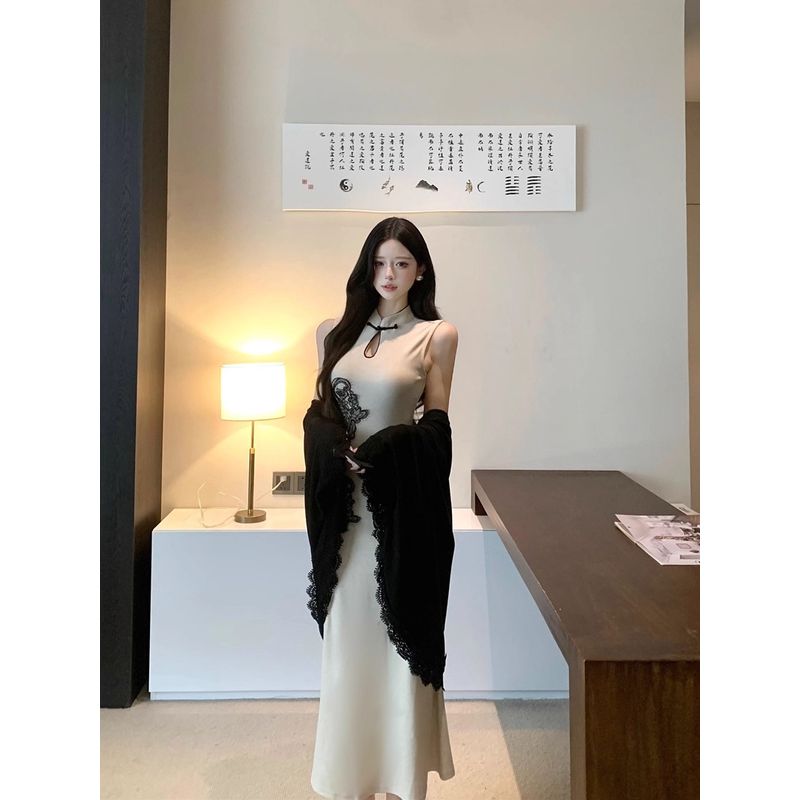 Kumikumi New Chinese Style Suit Lace Lace Inverness Women's Autumn Cut Out Stand Collar Cheongsam Dress Two-piece Set