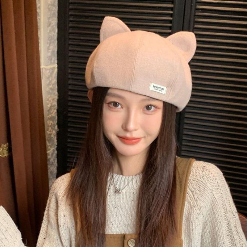Cute Cat Ears Beret Children Spring and Autumn New Versatile Woolen Painter Hat Warm Windproof Pumpkin Hat
