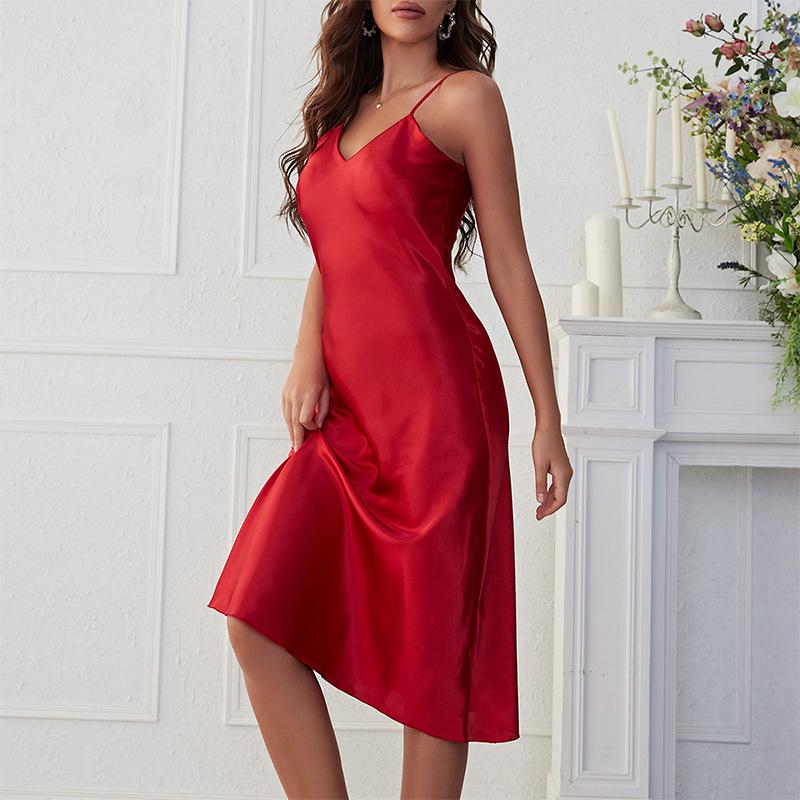 Women's Spring/Summer Imitation Silk V-Neck Slip Dress - Sleeveless and Sexy for Home or Outer Wear