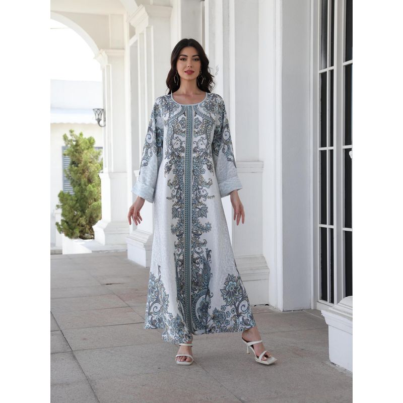 

Ближний Восток Индонезия Трансграничный Воротник-стойка Женский Халат Принт Алмазные Бусины Новое Формальное Платье Дорожное Платье Платья White XXL