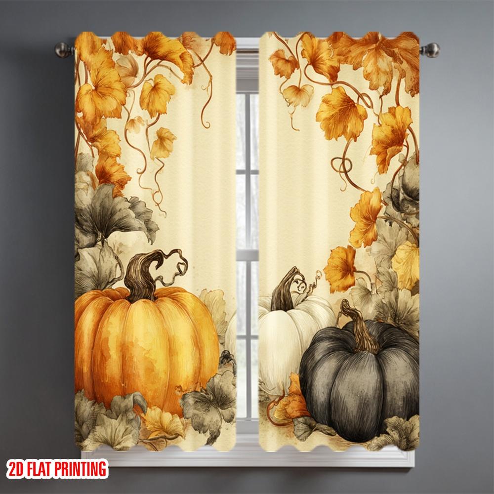 2D Flat Printing 2pcs Curtain Autumn Pumpkins Leaves Border Digital Printed Polyester Drapes All Season Party & Holiday Decor