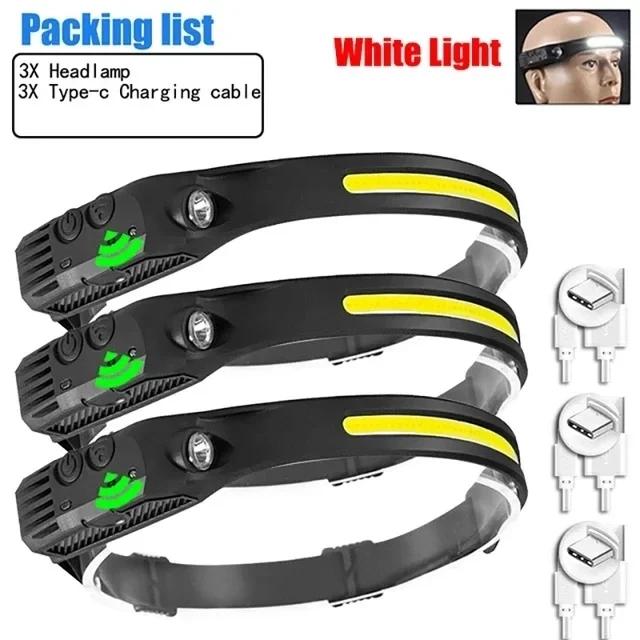 USB Rechargeable LED COB Sensor Headlamp White Light Head Torch Work Lamp Outdoor Waterproof Camping Fishing Lantern Headlight