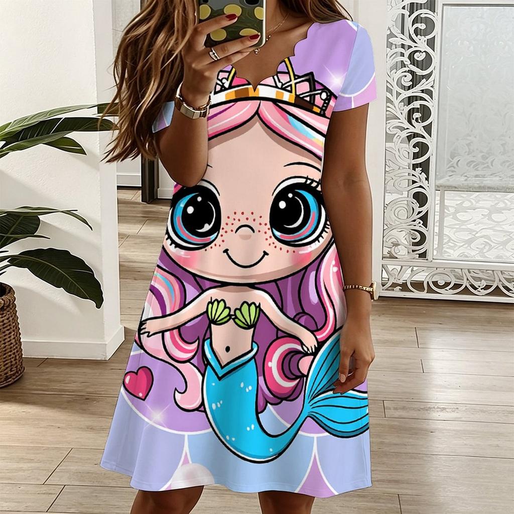 Ladies V Neck Retro Botanical Printed Plus Size Dress Summer Short Sleeve Loose Tunic
