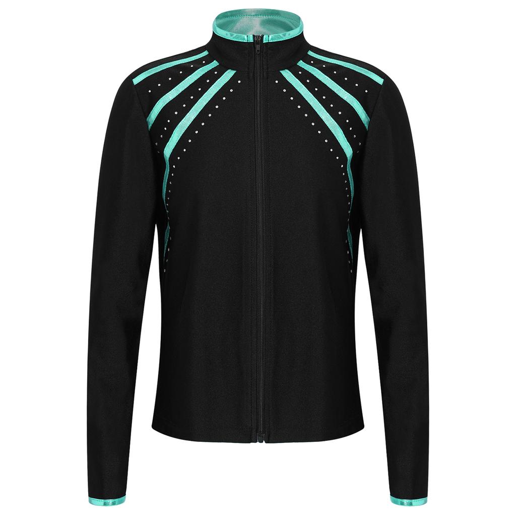 Sweat à capuche enfant scintillant avec strass et rayures métalliques, fermeture éclair, col montant, manches longues pour le patinage artistique, la gymnastique, l'entraînement