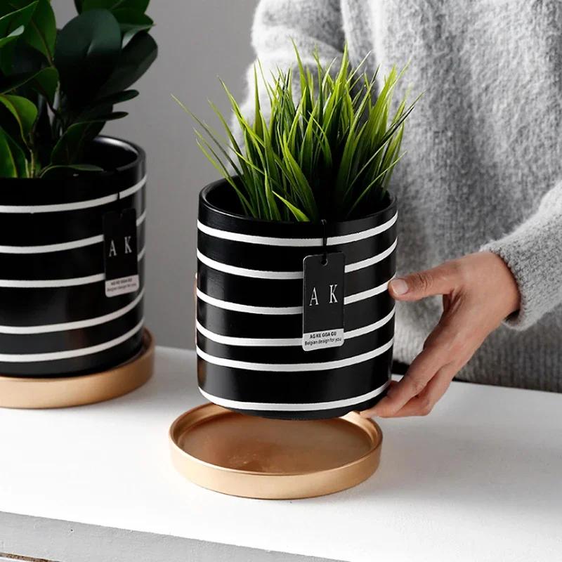 Nordic Black And White Striped Ceramic Flower Pot With Tray Round Potted Desktop Flower Arrangement Container Home Decorations