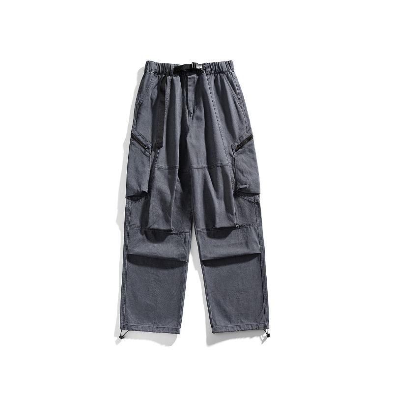 Solid Color Deconstruction Overalls Men's Ruffian Handsome Big Pocket Casual Pants Design Sense Pure Cotton Green Straight Wide-leg Pants