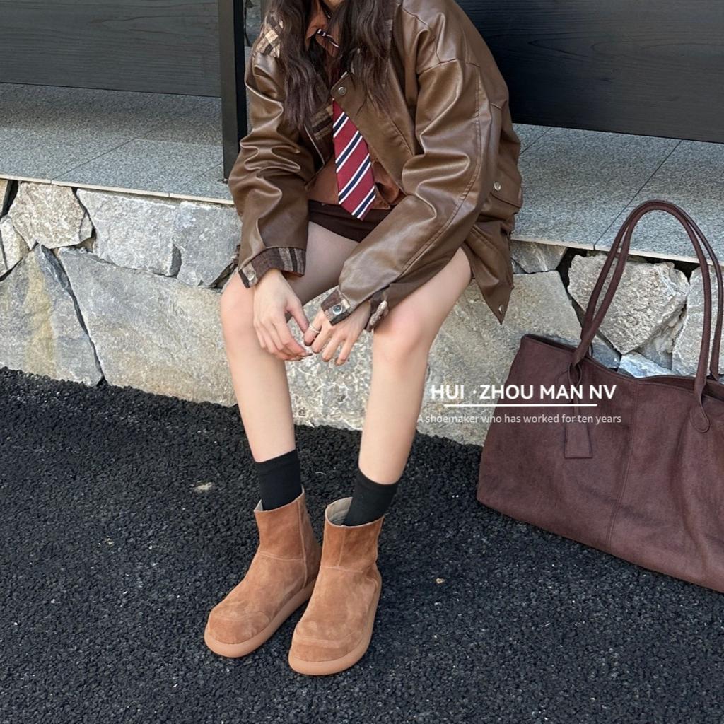 First layer cowhide~ genuine leather retro ugly cute big head boots flat bottom short boots women's Maillard round head Martin boots