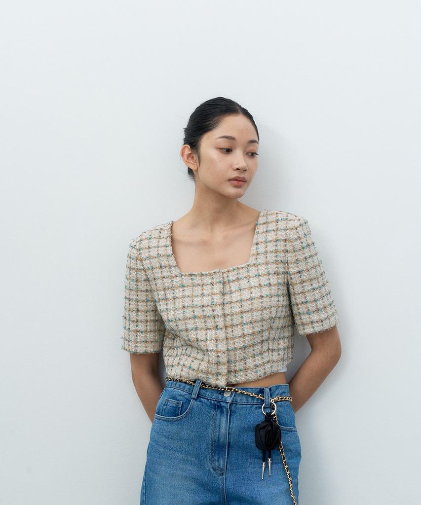 Make A Toast Square Neck Tweed Jacket Beige Mbesjk001Be