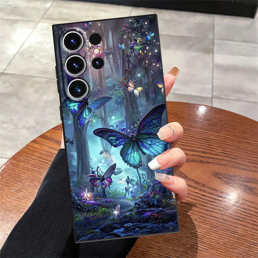 Cartoon Butterfly Pattern Black Soft Phone Cover Case for Samsung Galaxy S21 FE S25 Edge S23 Ultra S20 S24 Plus