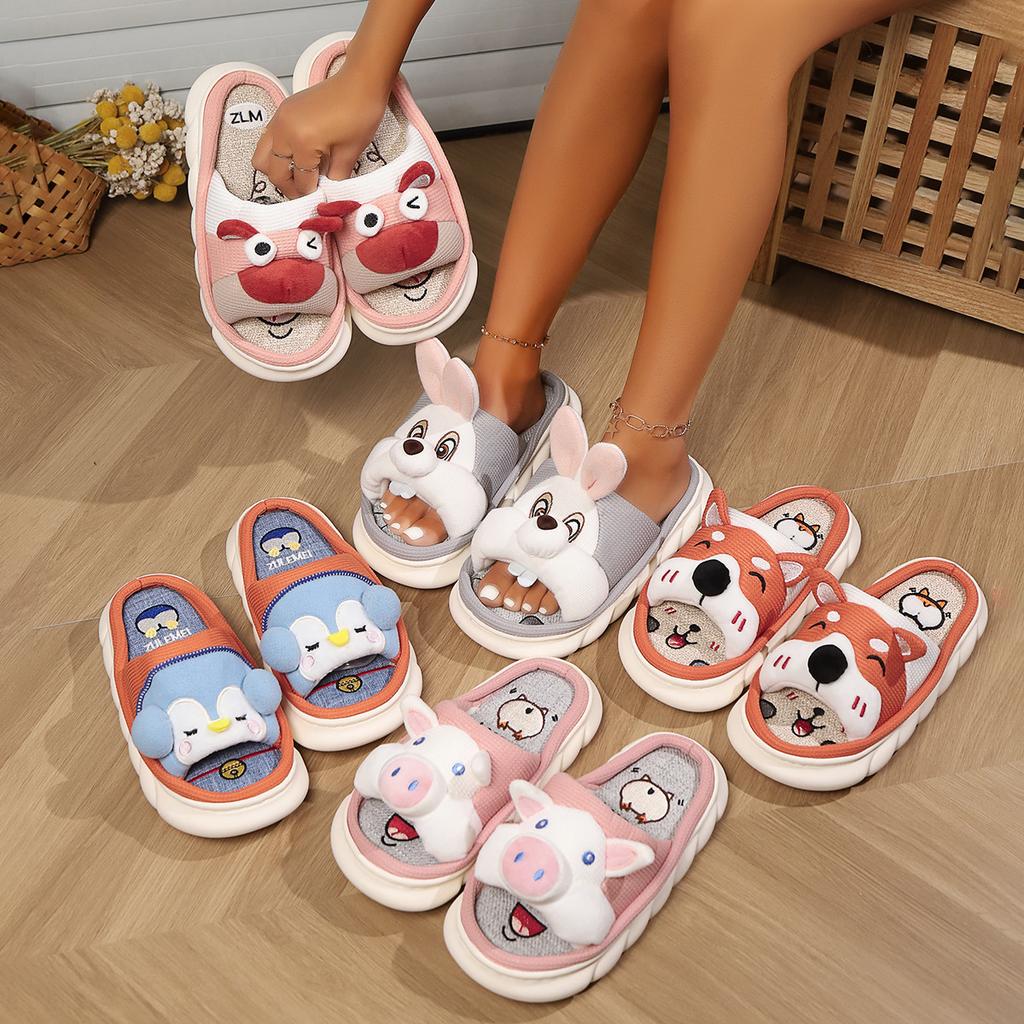 Fashion Cute Cartoon Slippers Women Men Spring Summer Shoes Breathable Cotton Linen Indoor Home Slides Couples House Floor Slipper