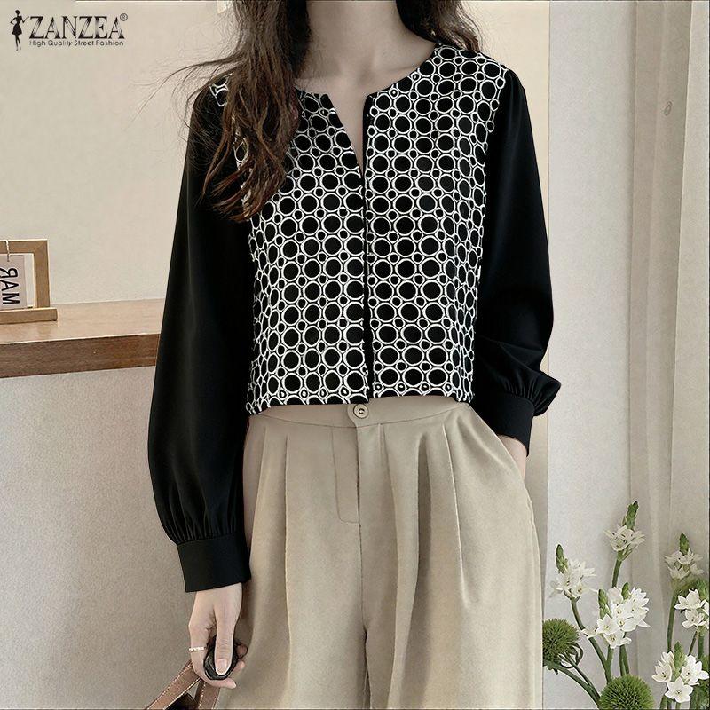 ZANZEA Women Casual Turn Down Collar Long Sleeve Embroidery Splice Fake Two-piece Blouse