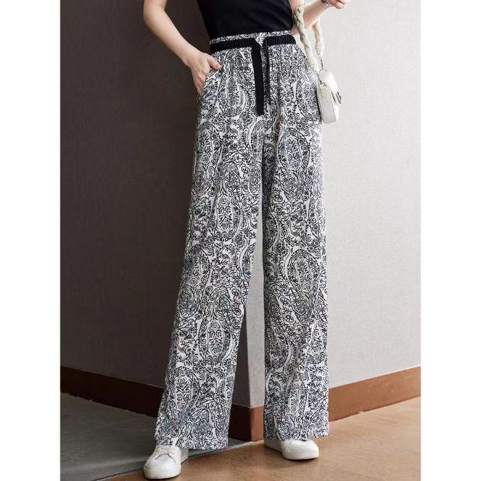 Spring and Summer Korean Style Casual High Waist Droop Chiffon Ink Wide-leg Pants for Women Sanya Pants Ice Silk Trousers