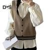 Women Sling Vest Slim Fit V-Neck Sleeveless Top with Striped Pattern Single Breasted Knitted Sweater Daily Wear