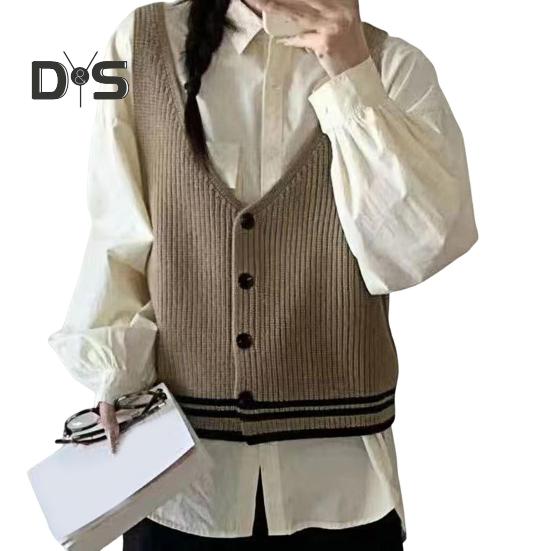 Women Sling Vest Slim Fit V-Neck Sleeveless Top with Striped Pattern Single Breasted Knitted Sweater Daily Wear