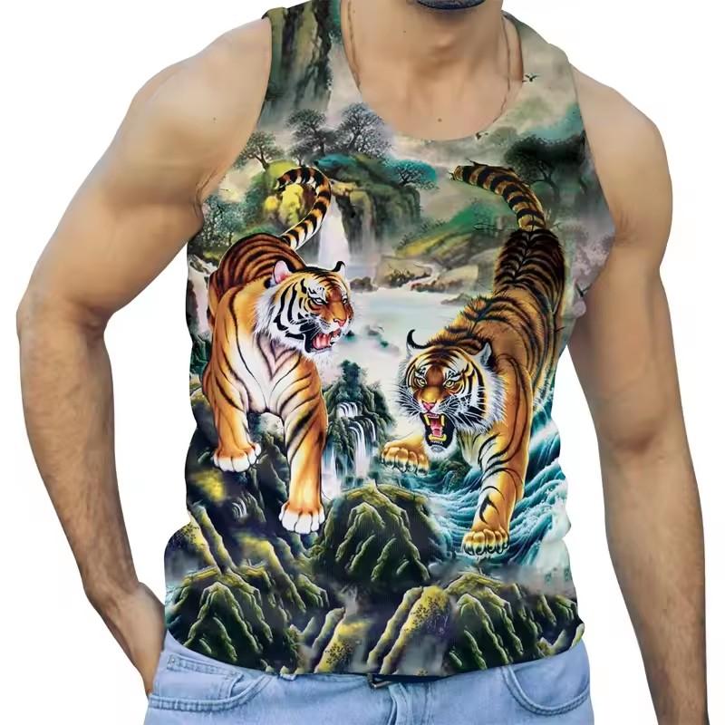 Trend Tiger Graphic Tank Tops Men Fashion Summer Sleeveless 3D Animals Printed Men Vest Cool Streetwear Oversized Tees Tops
