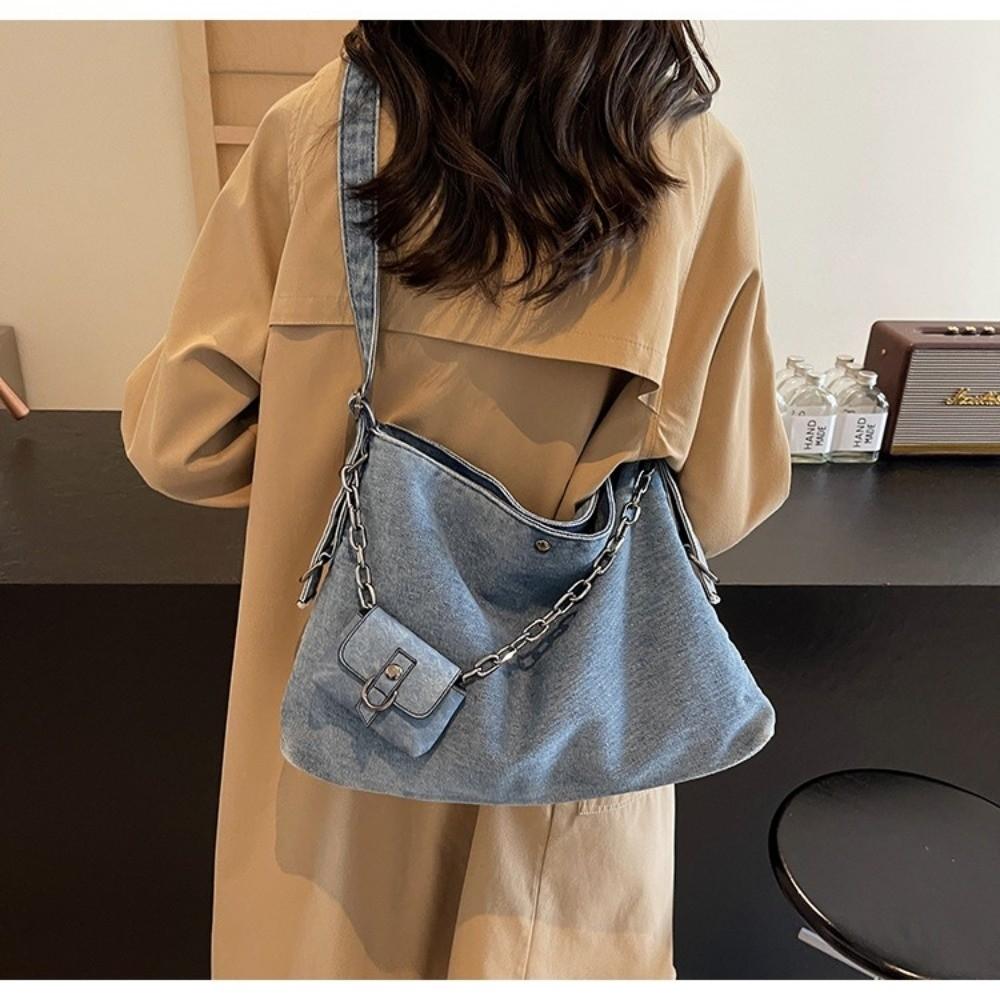 Large Capacity Denim Shoulder Bag Korean Style Handheld Tote Bag Women's Chain Crossbody Bag Women