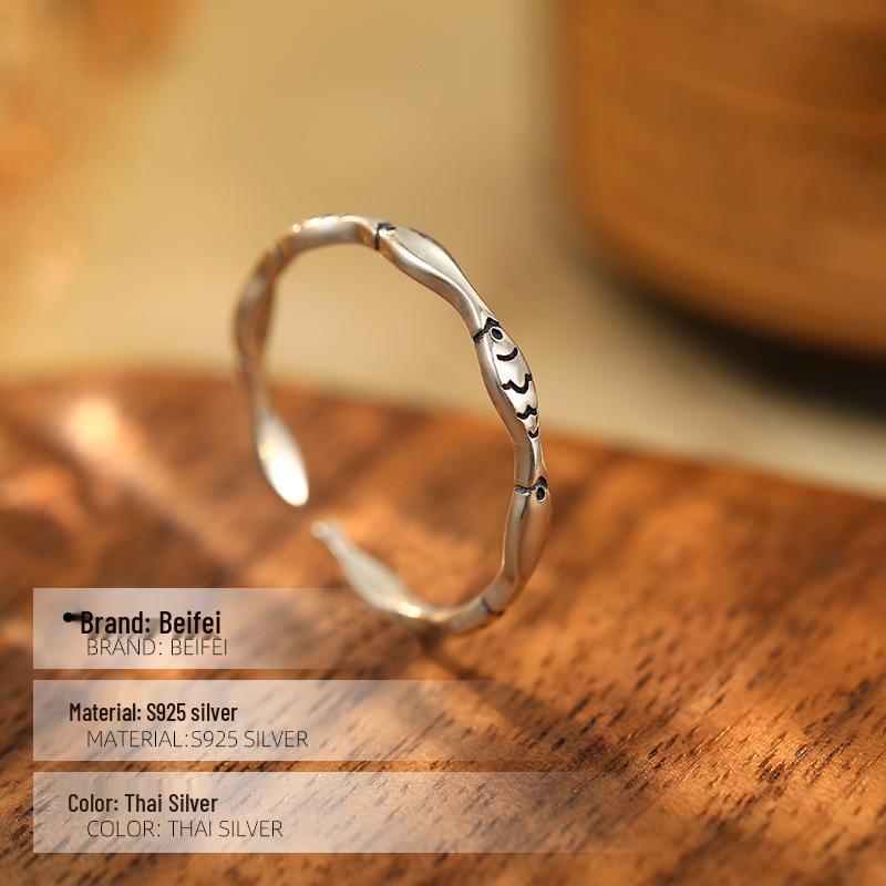 Retro 925 Sterling Silver Fish Open Ring - Aged Finish Index Finger Ring for Women's Versatile Stacking Collection