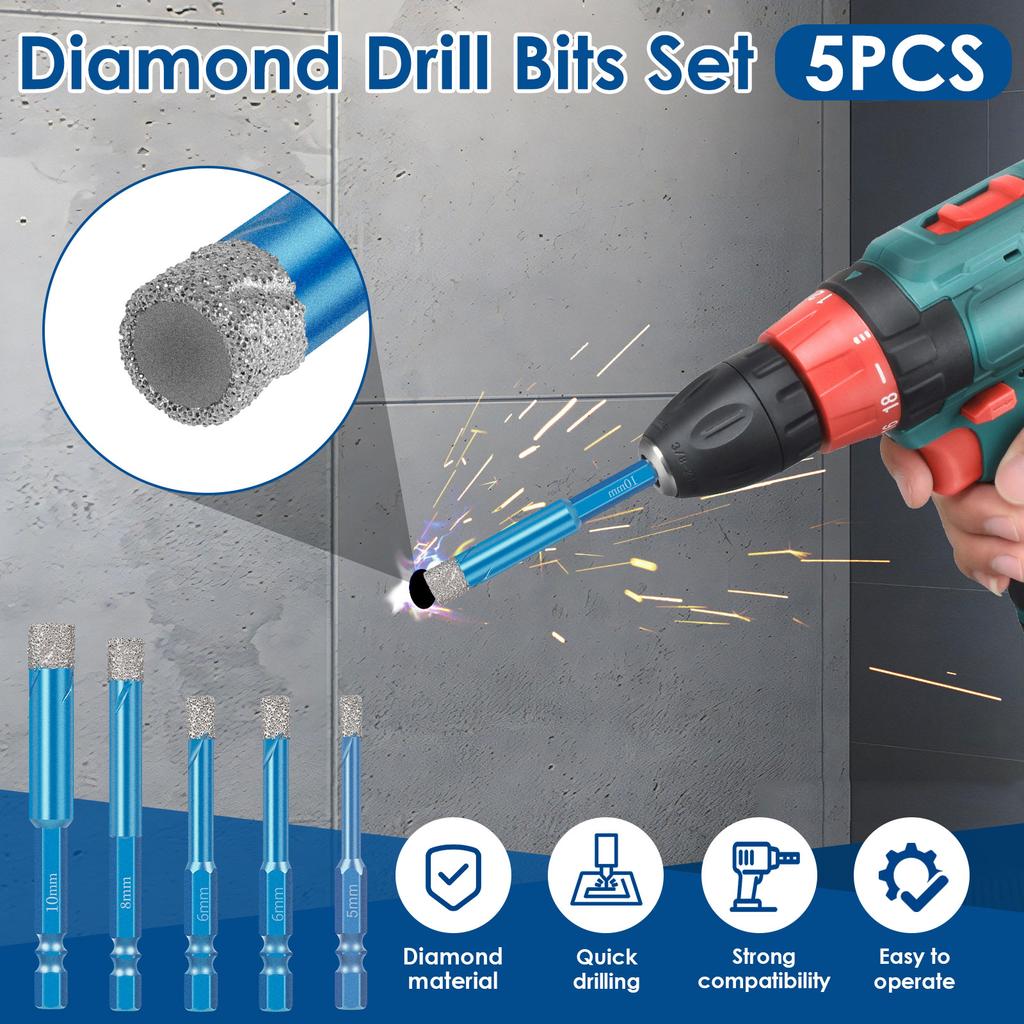 5Pcs 5-10mm Diamond Tile Drill Bit Brazed Dry Ceramic Drill Bit for Glass Tiles Stone and Masonry Hole Opening