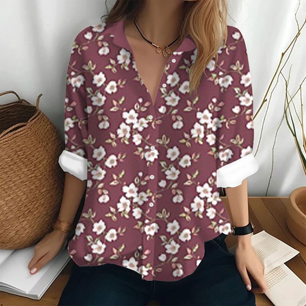 Summer Women's Shirt Long Sleeved Lapel Top Flower Pattern Casual Oversized Button Clothing Women Elegant and Fashionable Shirt