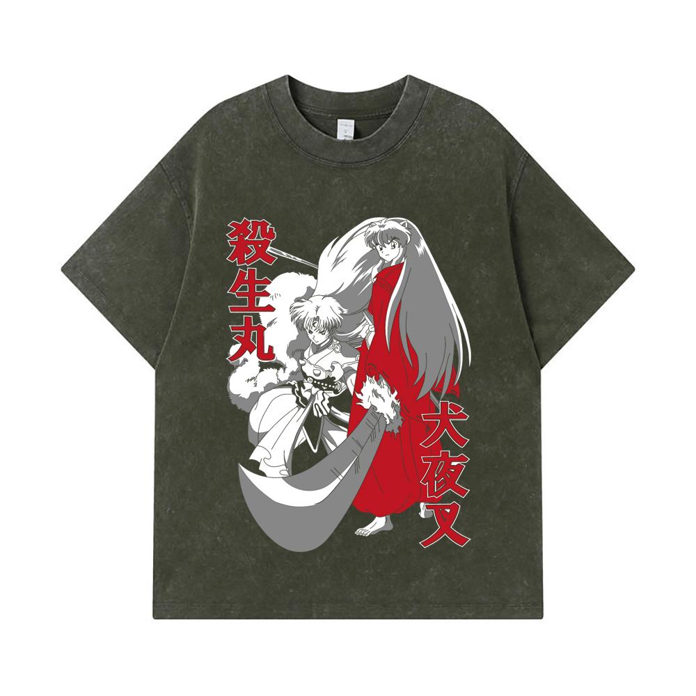 

275 GSM Washed T-shirts 100% Cotton Inuyasha V1 Print Unisex Heavy Cotton T Shirt S армия зеленый