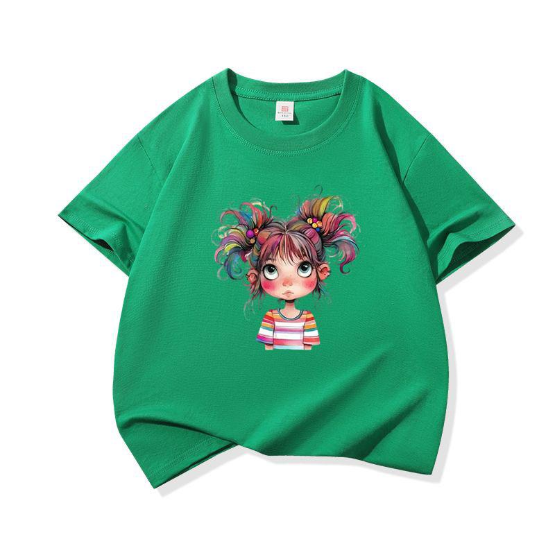 Kids Cotton T Shirt Bright Rainbow Hair Girl Watercolor Print Crew Neck Short Sleeve Tee Casual Boys Girls Summer Tops