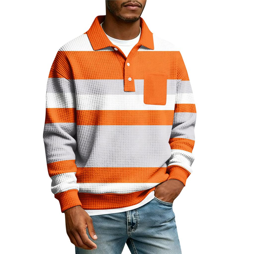 Men's Striped Single Breasted Long Sleeved Shirt With Collar And Pockets  Casual Sports T,shirt