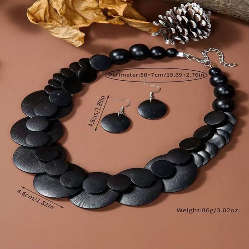 Round Disc Statement Necklace with Earrings Double-layer Design, Wood-Look Finish Fashion Jewelry Set for Party Styling