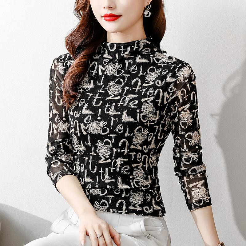 Letters and Color Mesh Top for Women In Autumn and Winter Half Turtleneck Bottoming Shirt Long Sleeves T-shirt Body-beautiful Shirt