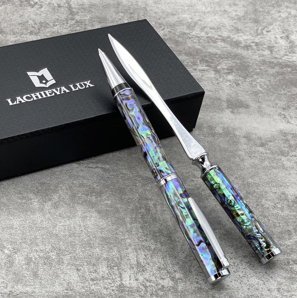 LACHIEVA LUX Luxury Abalone Shell Metal Ballpoint Pen and Shell Letter Opener Set, a Great Pen Gift for Men and Women